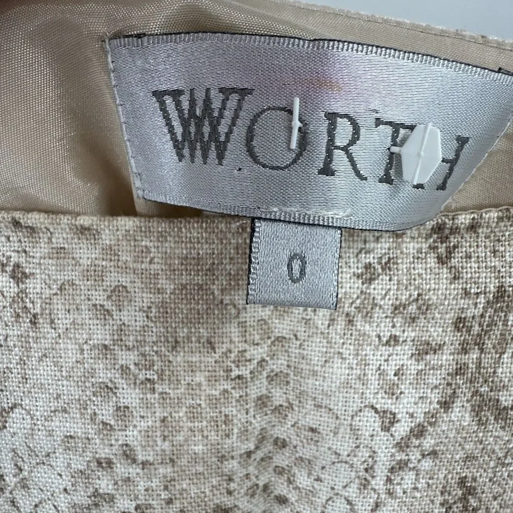 Worth Skirt 0 XS 100% Linen Neutral Animal Snake Print Tan Ivory A-Line Lined